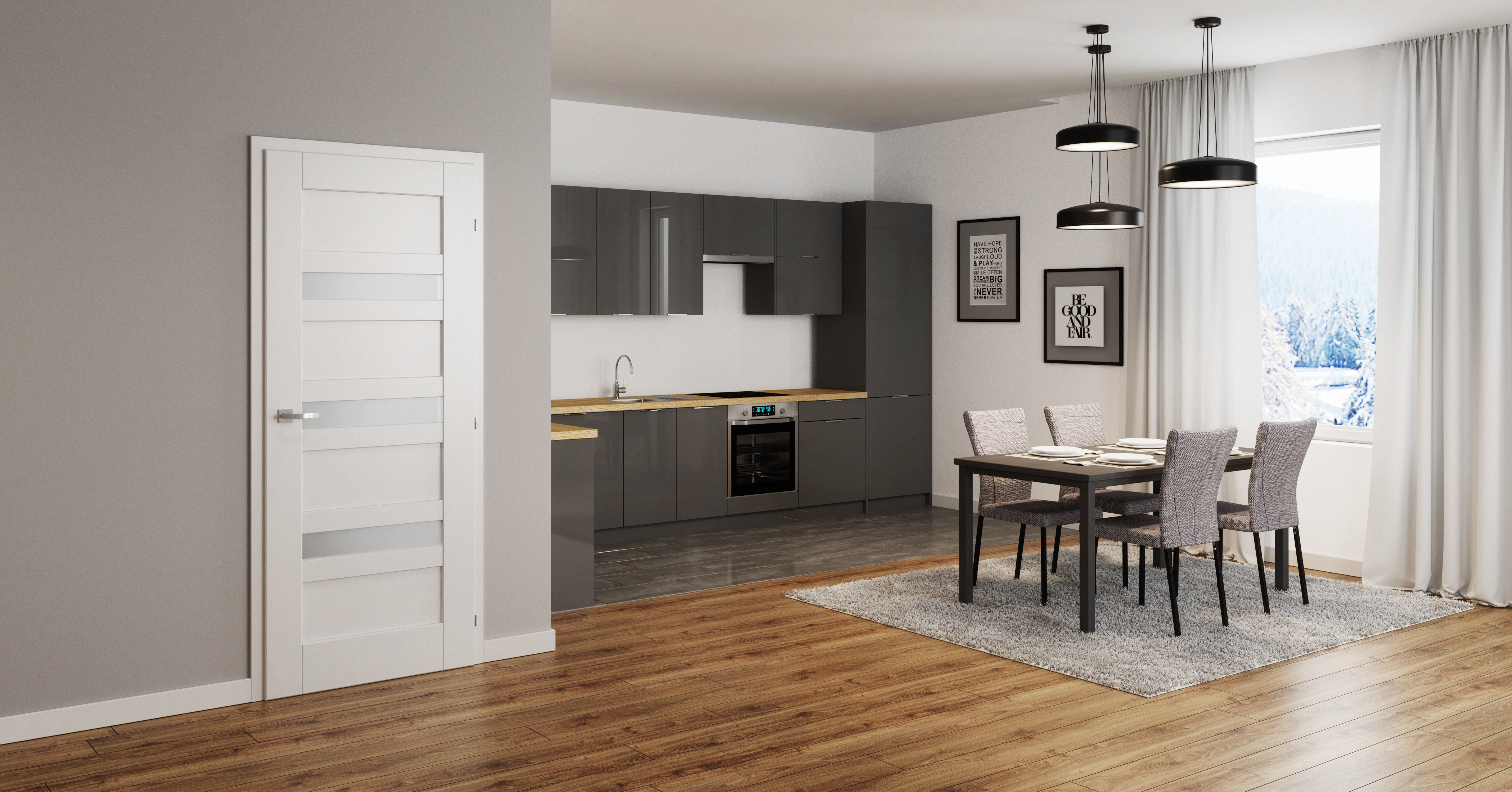 Classen drzwi - Lukka; panele - Adventure - Dąb Hamilton 28590; kuchnia - Flint