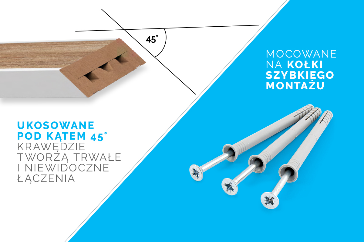 Krawędzie listew NOOX są ścięte pod kątem 45 stopni, co zdecydowanie ułatwia montaż. Do ściany listwy mocuje się za pomocą kołków montażowych
