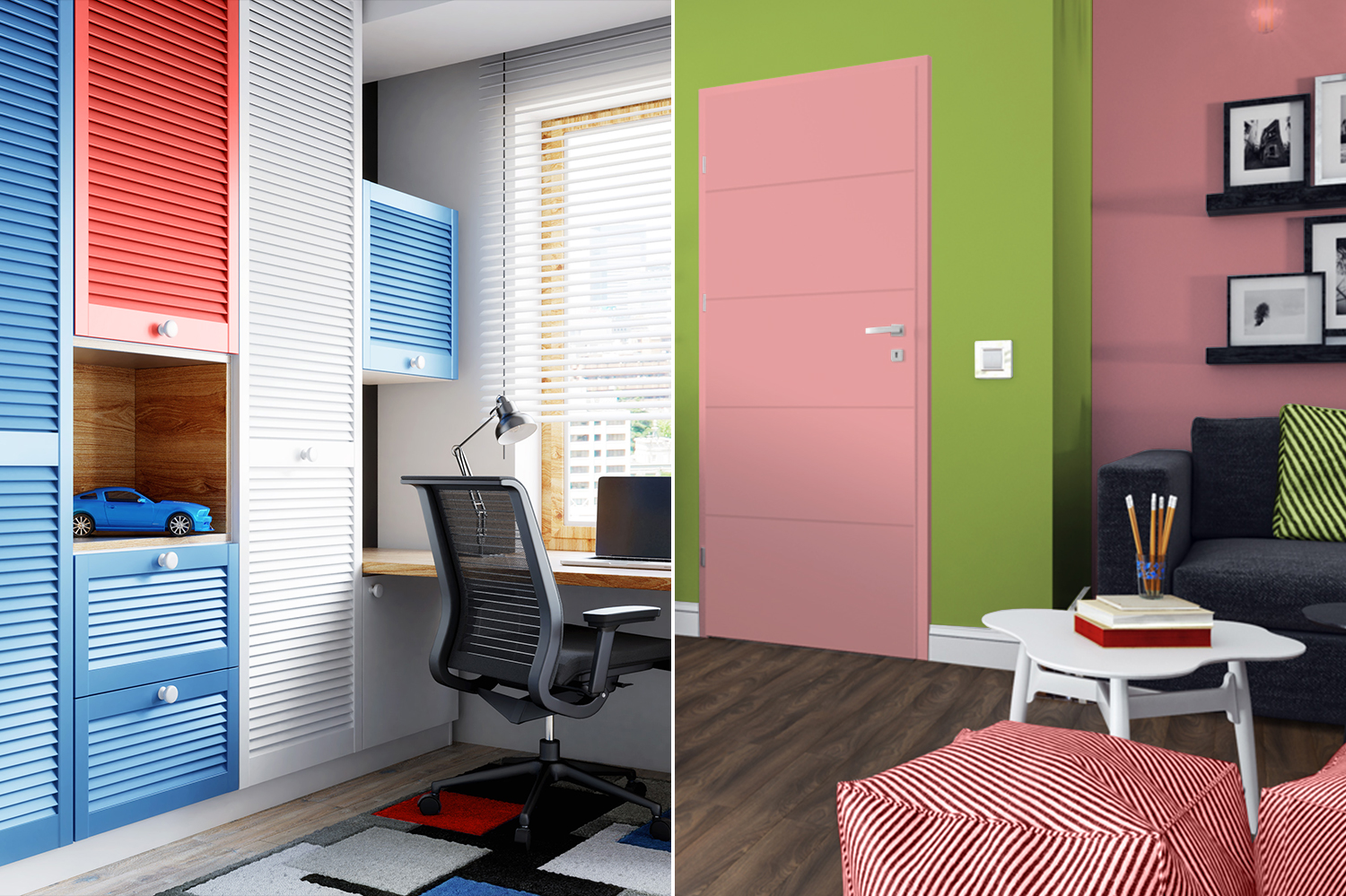 Color blocking we wnętrzu. Na zdjęciu fronty ażurowe lakierowane (po lewej) oraz drzwi Linea (po prawej) od Classen