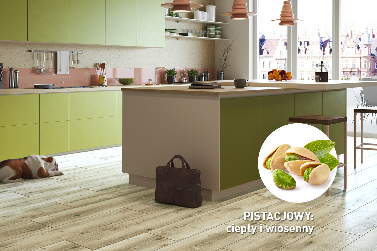 Pistacjowy odcień jadeitu świetnie sprawdzi się w kuchni. Na zdjęciu - podłogi Casa Corona Dąb Sedali marki Classen