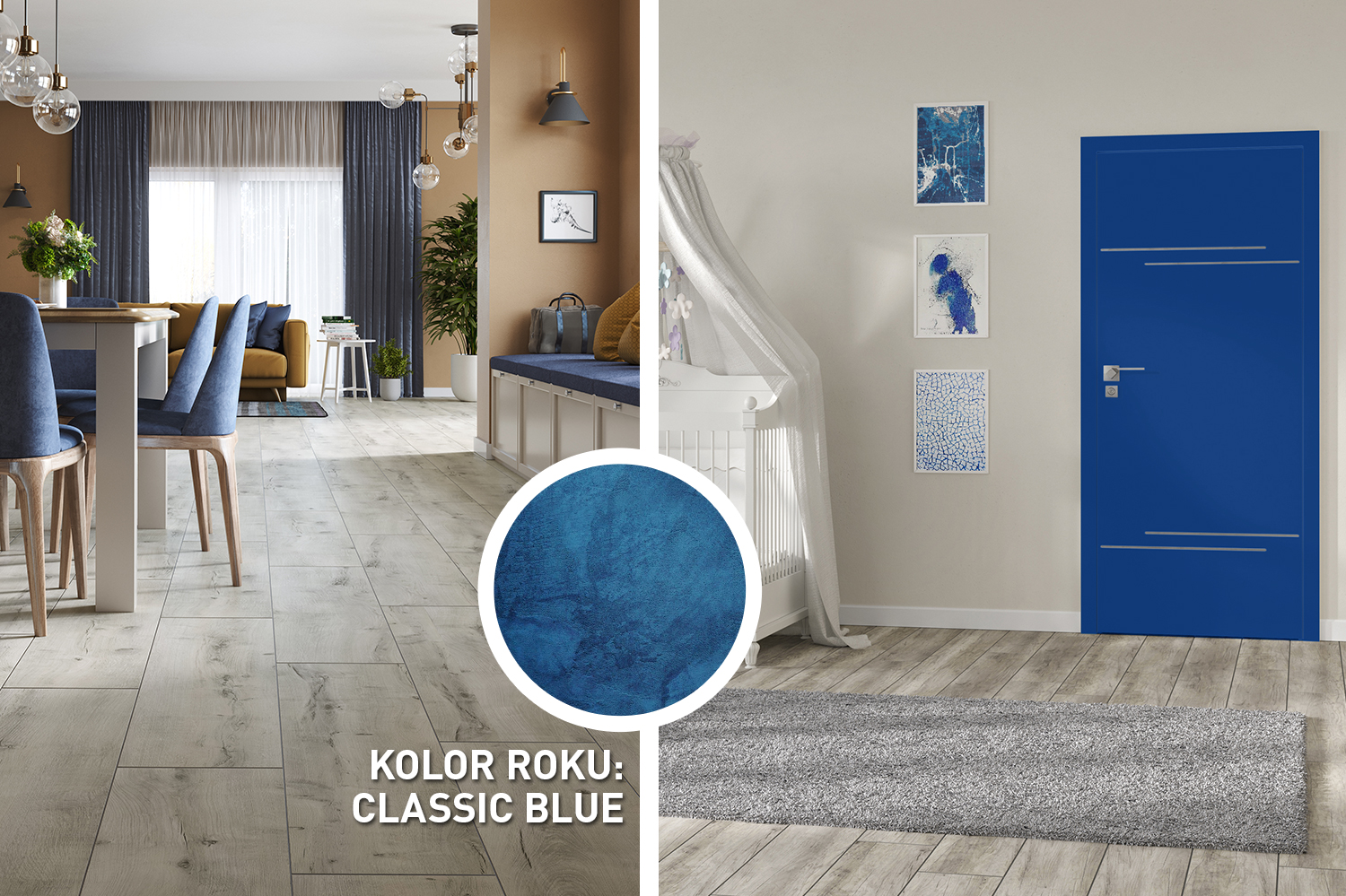 Trend 1. Classic Blue kolorem roku według Instytutu Pantone. Na zdjęciu - podłoga Casa Corona Dąb Rivello (po lewej) i drzwi Larix w kolorze RAL 5002 (po prawej) marki Classen.jpg