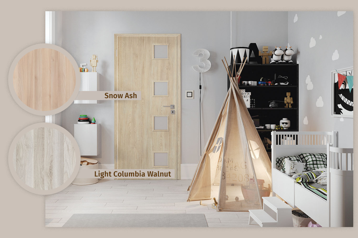 Light doors with a wood structure emphasize the natural character of the interior