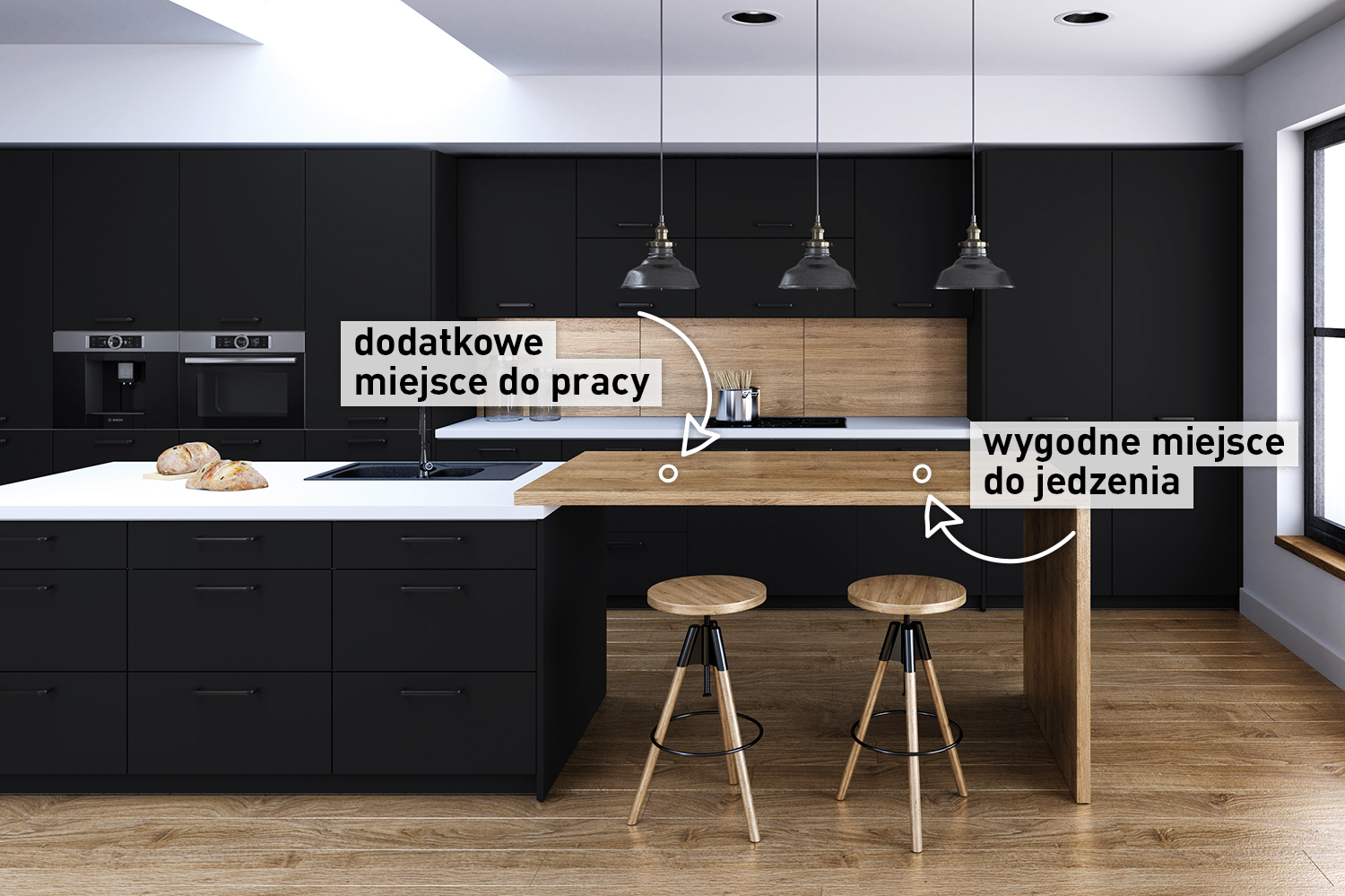 A kitchen island allows you to gain extra space for cooking and eating. The photo shows CLASSEN Black Matt kitchen.