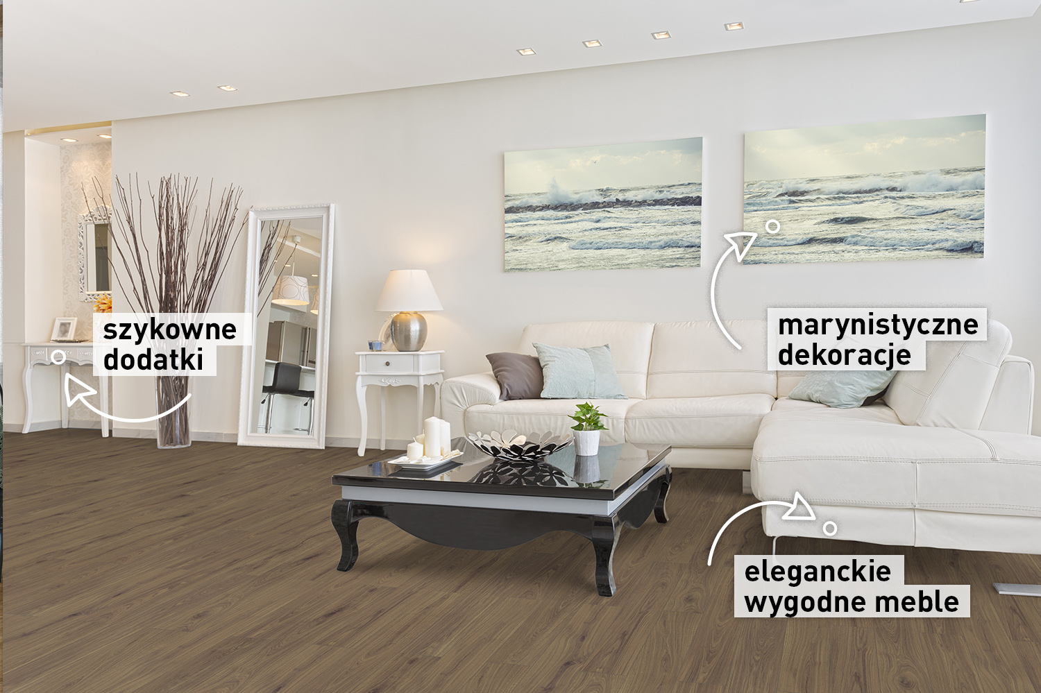 One of the hallmarks of the Hampton style is light furniture and wooden floors. The photo shows CLASSEN Sono Pro panel collection.