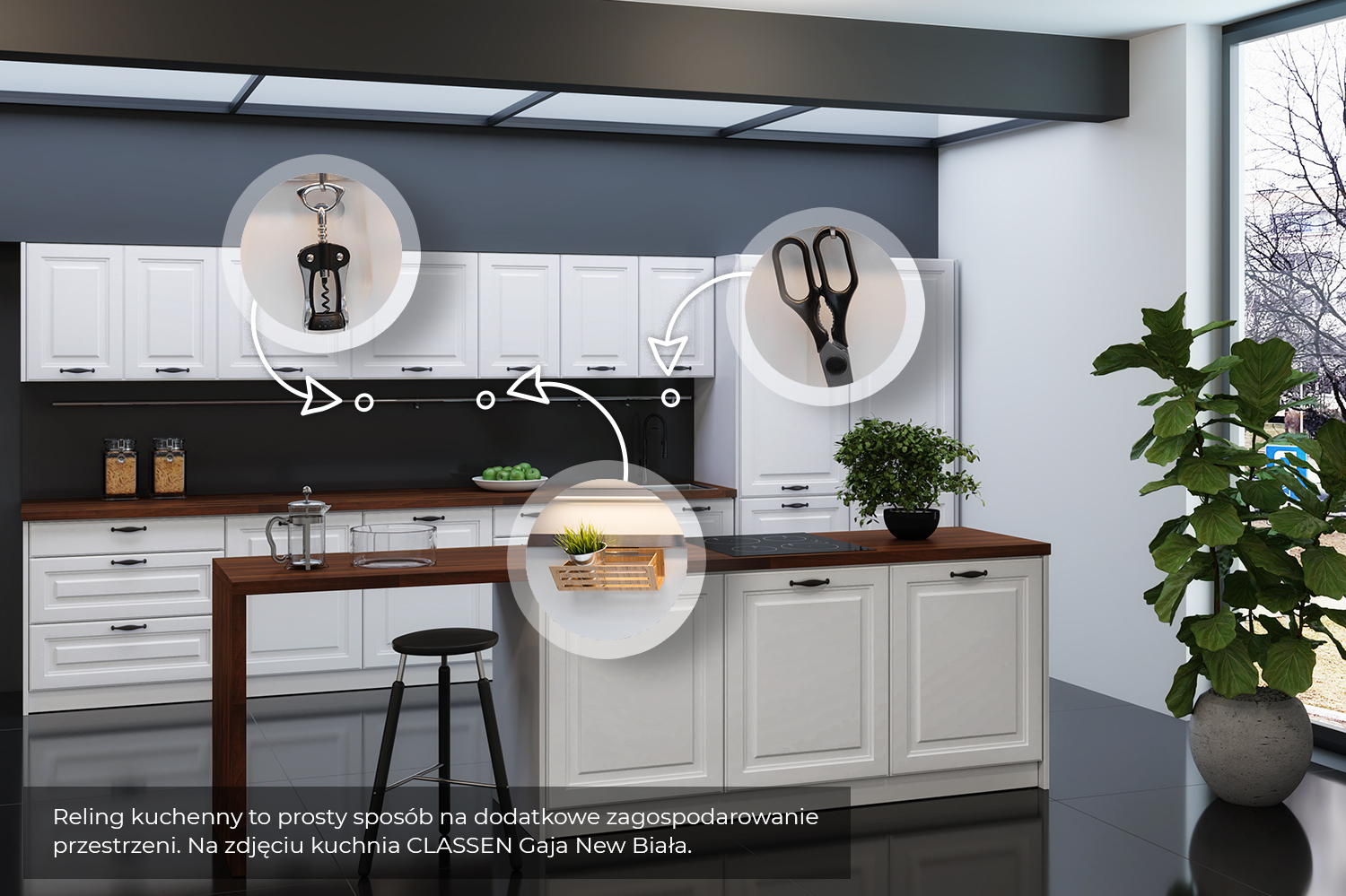 Reling kuchenny to prosty sposób na dodatkowe zagospodarowanie przestrzeni. Na zdjęciu kuchnia CLASSEN Gaja New Biała