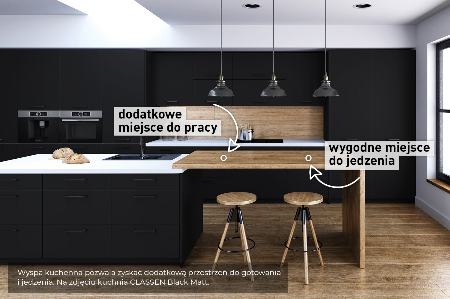 Wyspa kuchenna pozwala zyskać dodatkową przestrzeń do gotowania i jedzenia. Na zdjęciu kuchnia CLASSEN Black Matt